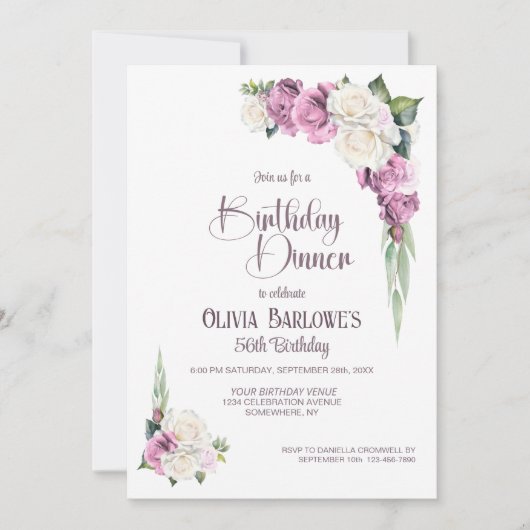 Stijlvol Roze Witte Roos Bloemen Verjaardagsdiner Kaart (Voorkant)