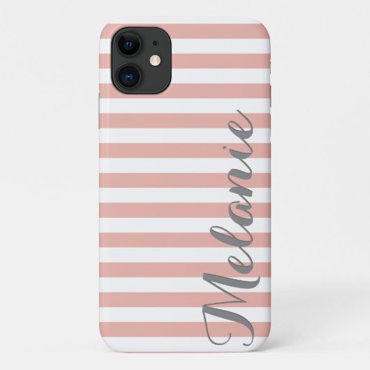 Stijlvol Roze Witte Stripes Patroon en Naam Case-Mate iPhone Case (Achterkant)