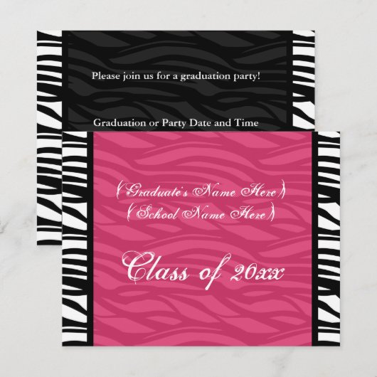 Stijlvol Roze Zebra Feminine Afstuderen Uitnodigen Kaart (Voorkant / Achterkant)