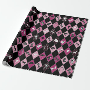 Stijlvol Roze Zwart Paardensport Diamant Patroon Cadeaupapier