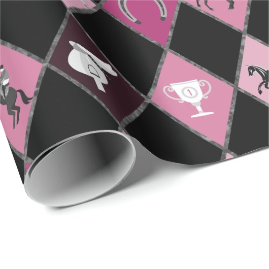 Stijlvol Roze Zwart Paardensport Diamant Patroon Cadeaupapier (Rol Hoek)