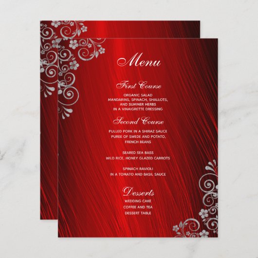 Stijlvol Ruby Red Gray Swirl Wedding Menu (Voorkant / Achterkant)