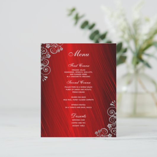 Stijlvol Ruby Red Gray Swirl Wedding Menu (Staand voorkant)