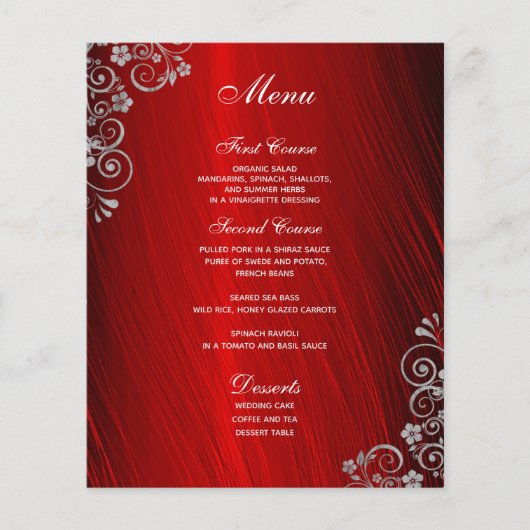 Stijlvol Ruby Red Gray Swirl Wedding Menu (Voorkant)