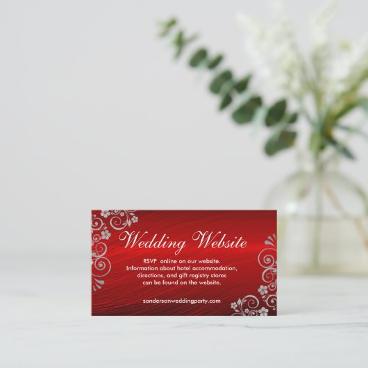 Stijlvol Ruby Red Gray Swirls Wedding Website Informatiekaartje (Staand voorkant)