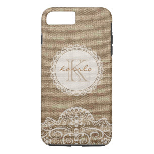 Stijlvol Rustic Burlap Ivory Lace Pattern Monogram Case-Mate iPhone Case