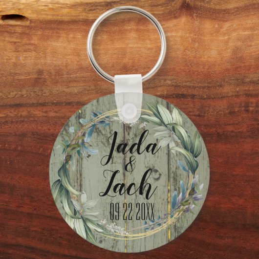 Stijlvol Rustic Leafy Wreath Wedding Sleutelhanger (Voorkant)