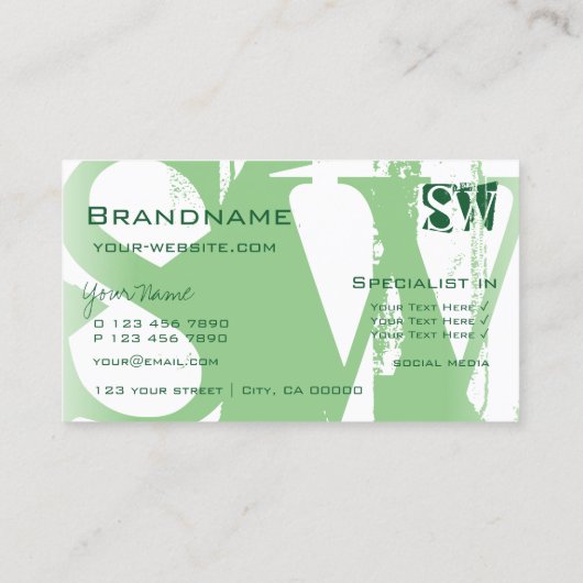 Stijlvol Sage Green en White met Initialen Modern Visitekaartje (Achterkant)