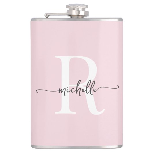 Stijlvol Schrift Modern Roze Roos Monogram Naam Heupfles (Voorkant)