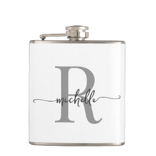 Stijlvol Schrift Modern Wit Grijs Monogram Naam Heupfles