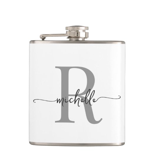 Stijlvol Schrift Modern Wit Grijs Monogram Naam Heupfles (Voorkant)