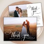 Stijlvol script 2 foto bruiloft dank u kaart<br><div class="desc">Modern Elegant Chic Boho Calligrafie Script Wedding 2 Foto Dank je kaart. Stijlvolle bruiloft dank u sjabloon met een volledige verticale foto op de voorkant met de tekst "Thank You" in een grillige wervelende hand belettering typografie script swash tail font wit overlay op het afbeelding en een achterkant een (1)...</div>