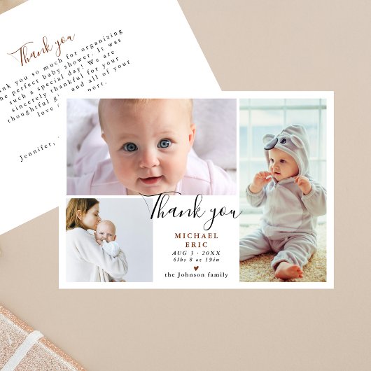 Stijlvol Script 3 Foto Collage Baby Shower Bedankkaart