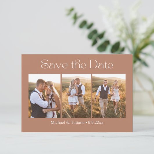 Stijlvol script 3 foto's Collage Brown Boho Save The Date (Staand voorkant)