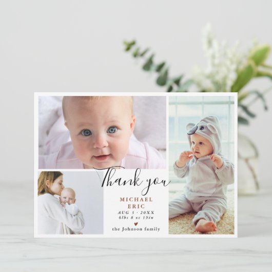 Stijlvol Script 3 Photo Collage Baby shower Bedankkaart (Staand voorkant)