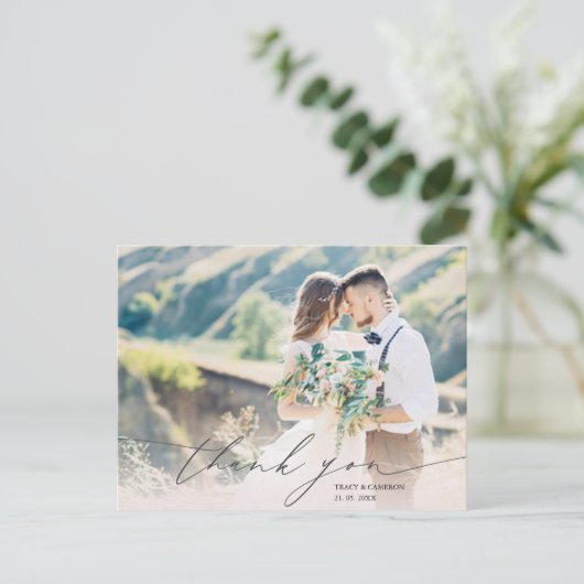 Stijlvol script aangepaste foto bruiloft dank u briefkaart (Staand voorkant)