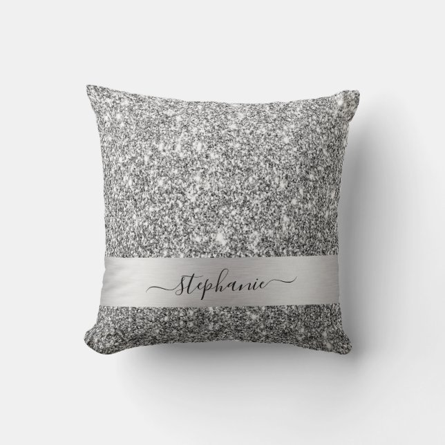 Stijlvol script aangepaste naam Silver Glitter Lux Kussen (Voorkant)