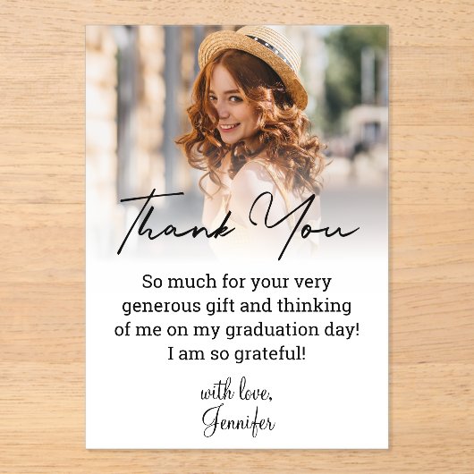 Stijlvol script afstuderen vervaagde foto Dank u Acryl Uitnodigingen (Voorkant)