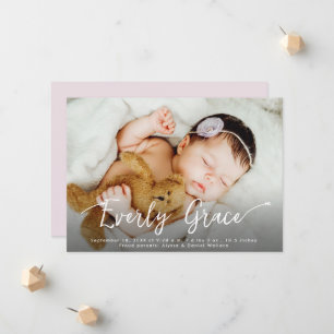 Stijlvol Script Baby Meisje Naam Foto Roze Geboort Aankondiging