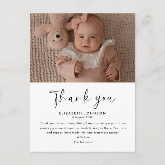 Stijlvol Script Baby shower Dank u Baby Foto Briefkaart (Voorkant)