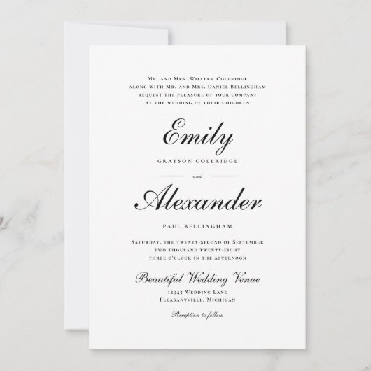 Stijlvol Script Black White Wedding Invitation Kaart (Voorkant)