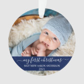 Stijlvol script blauw Mijn eerste kerstBaby Ornament (voorkant)