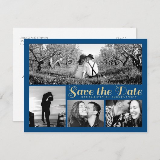 Stijlvol Script Blue Save the Date Collage Briefka Aankondigingskaart (Voorkant / Achterkant)