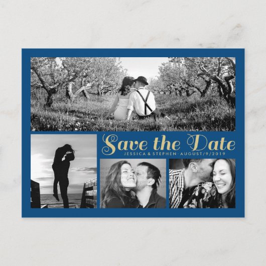 Stijlvol Script Blue Save the Date Collage Briefka Aankondigingskaart (Voorkant)
