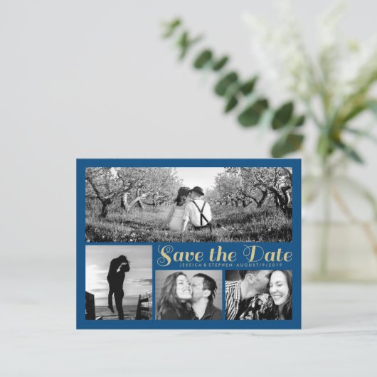 Stijlvol Script Blue Save the Date Collage Briefka Aankondigingskaart (Staand voorkant)