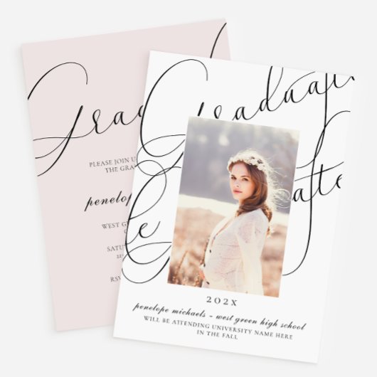 Stijlvol Script Blush Pink Photo Graduation Party Kaart