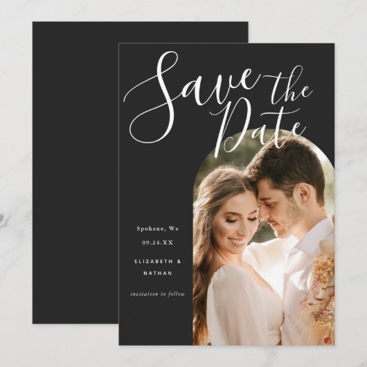Stijlvol Script Boog Frame Foto Save The Date (Voorkant / Achterkant)