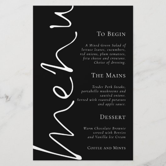 Stijlvol script Eenvoudig zwart bruiloft menu (Voorkant)