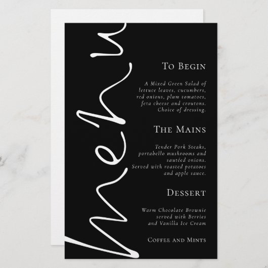 Stijlvol script Eenvoudig zwart bruiloft menu (Voorkant / Achterkant)