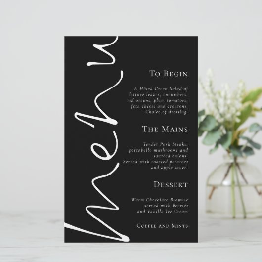 Stijlvol script Eenvoudig zwart bruiloft menu (Staand voorkant)