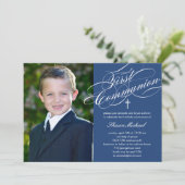 Stijlvol script eerste communie uitnodiging - blau (Staand voorkant)