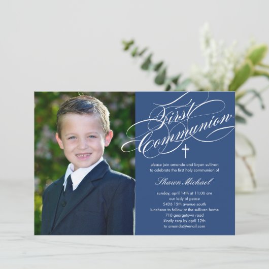 Stijlvol script eerste communie uitnodiging - blau (Staand voorkant)