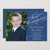 Stijlvol script eerste communie uitnodiging - blau (Voorkant / Achterkant)