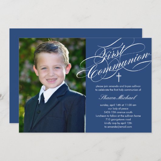 Stijlvol script eerste communie uitnodiging - blau (Voorkant / Achterkant)