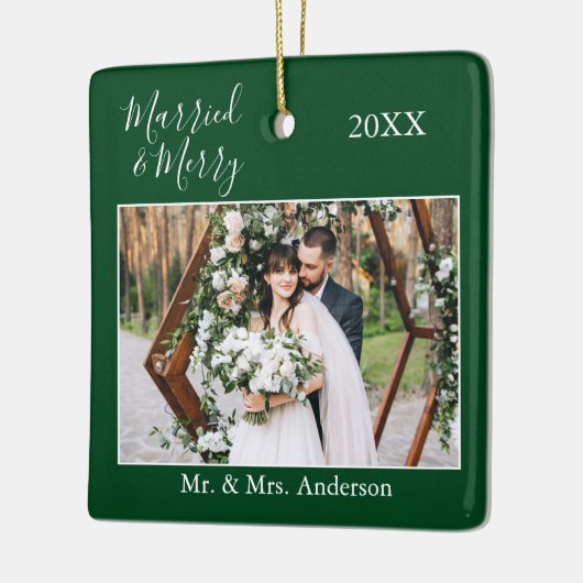 Stijlvol script, gehuwd en verrukt huwelijk groen keramisch ornament (Links)