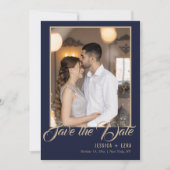 Stijlvol Script Gold en blauw | Foto Save The Date (Voorkant)