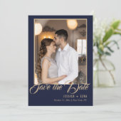 Stijlvol Script Gold en blauw | Foto Save The Date (Staand voorkant)