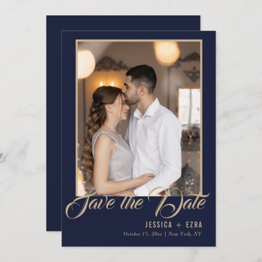 Stijlvol Script Gold en blauw | Foto Save The Date (Voorkant / Achterkant)