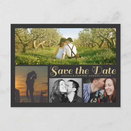 Stijlvol Script Grey Save the Date Collage Briefka Aankondigingskaart (Voorkant)