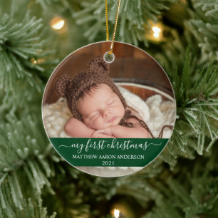 Stijlvol script groen Mijn eerste kerstBaby Keramisch Ornament