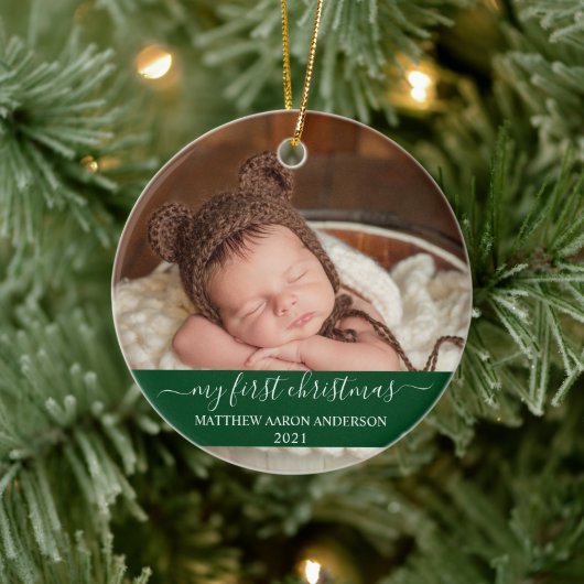 Stijlvol script groen Mijn eerste kerstBaby Keramisch Ornament (Boom)
