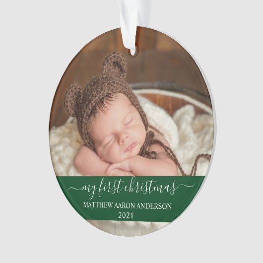 Stijlvol script groen Mijn eerste kerstBaby Ornament (voorkant)