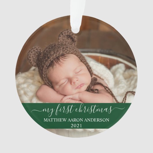 Stijlvol script groen Mijn eerste kerstBaby Ornament (voorkant)