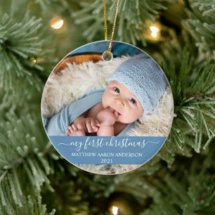 Stijlvol script Mijn eerste kerstbaby Blauw Keramisch Ornament