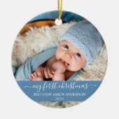 Stijlvol script Mijn eerste kerstbaby Blauw Keramisch Ornament (Voorkant)