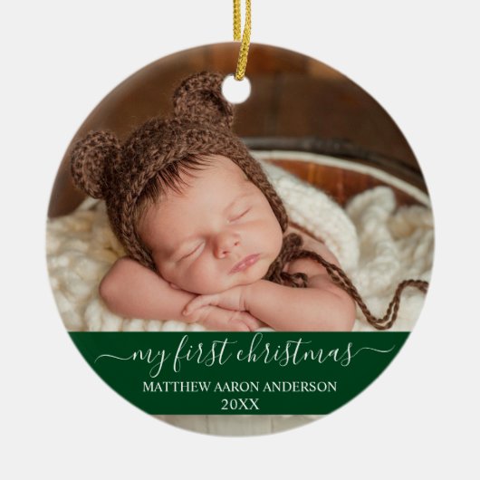 Stijlvol script Mijn eerste kerstBaby Groen Keramisch Ornament (Voorkant)